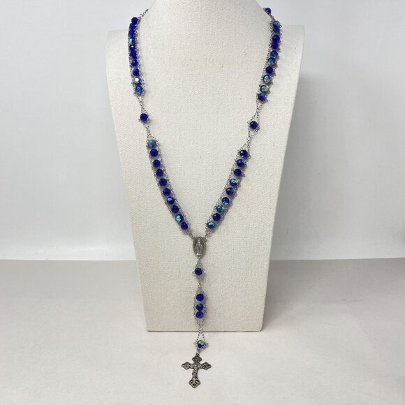 Vintage‎ Aurora Borealis Beaded Rosary Necklace Blue Glass Long Christianity - Picture 1 of 14
